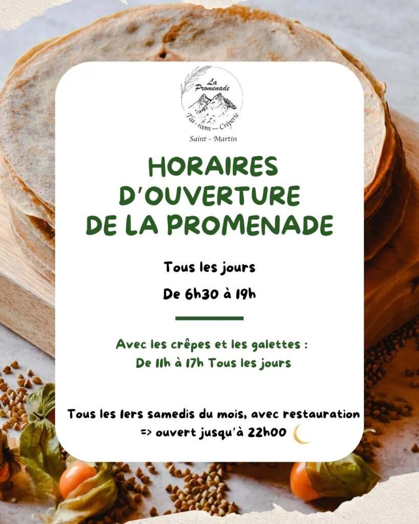 Maintenant vous avez les crêpes et galettes TOUS les jours de 11h à 17h à la Crêperie La Promenade