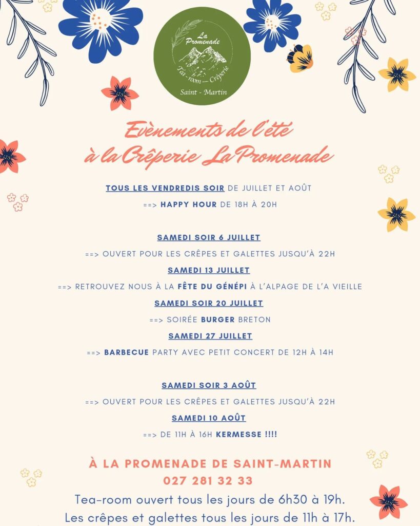 📢 Voici le programme de cet été 🌞 à la Crêperie La Promenade à Saint-Martin. 🌿 N'hésitez pas à réserver 🥞.