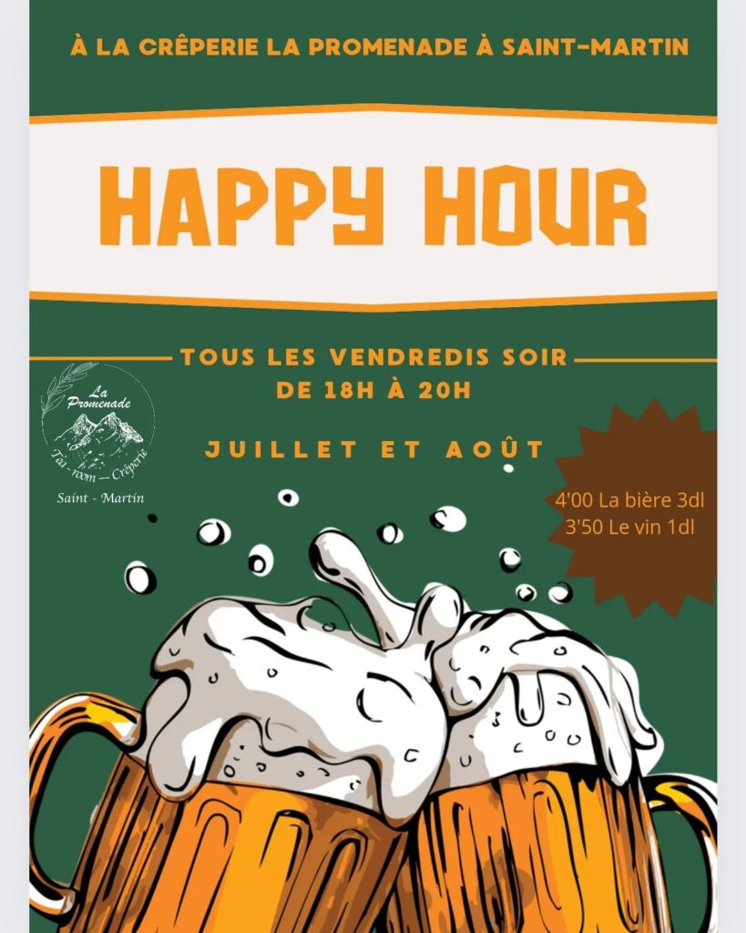 Pour juillet et août à la crêperie La Promenade à Saint-Martin, c'est HAPPY HOUR ==> bière et vin à tarif réduit 🍻🍷 de 18h à 20h. Fermeture du tea-room tous les vendredis soir de juillet et août à 20h15.