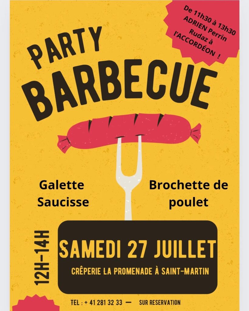 🌞 C'est samedi midi à la Crêperie La Promenade la Party Barbecue 🥳. Adrien Perrin jouera de l'accordéon de 11h30 à 13h30 🎶. Au menu brochettes de poulet et galettes saucisses de Chez Léo 🤤. Réservation conseillée !!