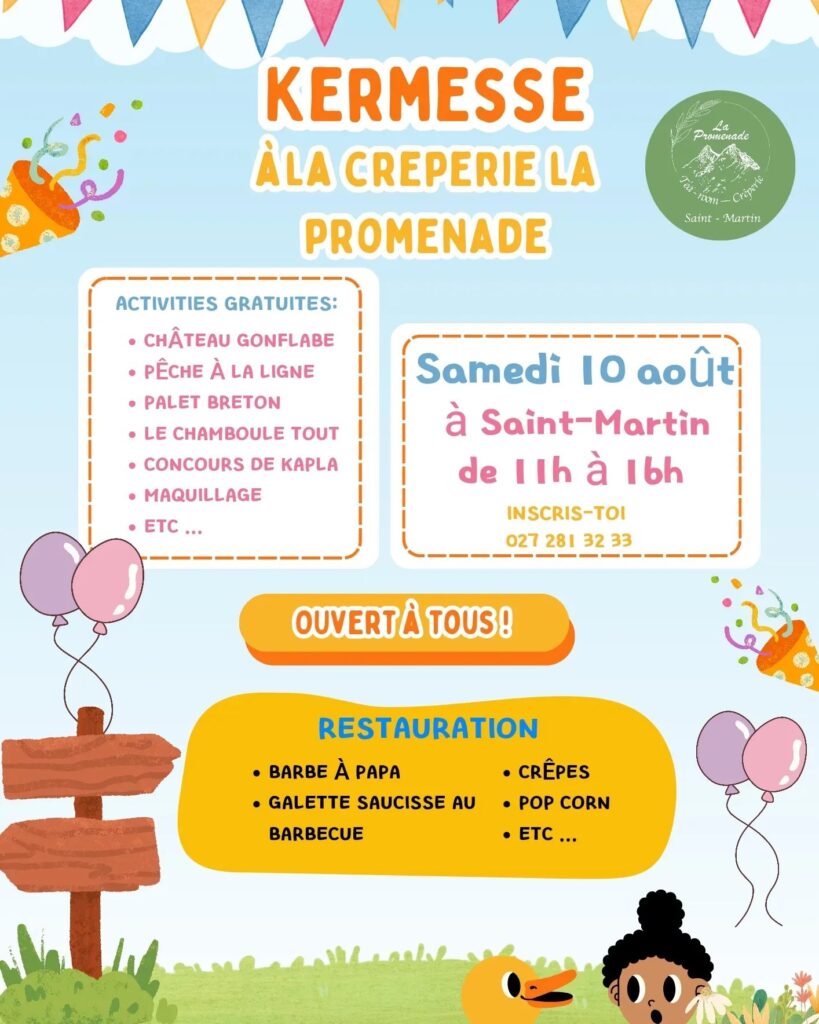 🔊🔊 🪅 Petit rappel c'est samedi prochain le 10 août, la KERMESSE à la crêperie La Promenade à Saint-Martin 🥳🪅🥳. De 11h à 16h ==> Pleins d'activités avec une petite restauration pour l'occasion, alors n'hésitez pas à passer à l'improviste ou encore mieux de s'inscrire ! 😁.