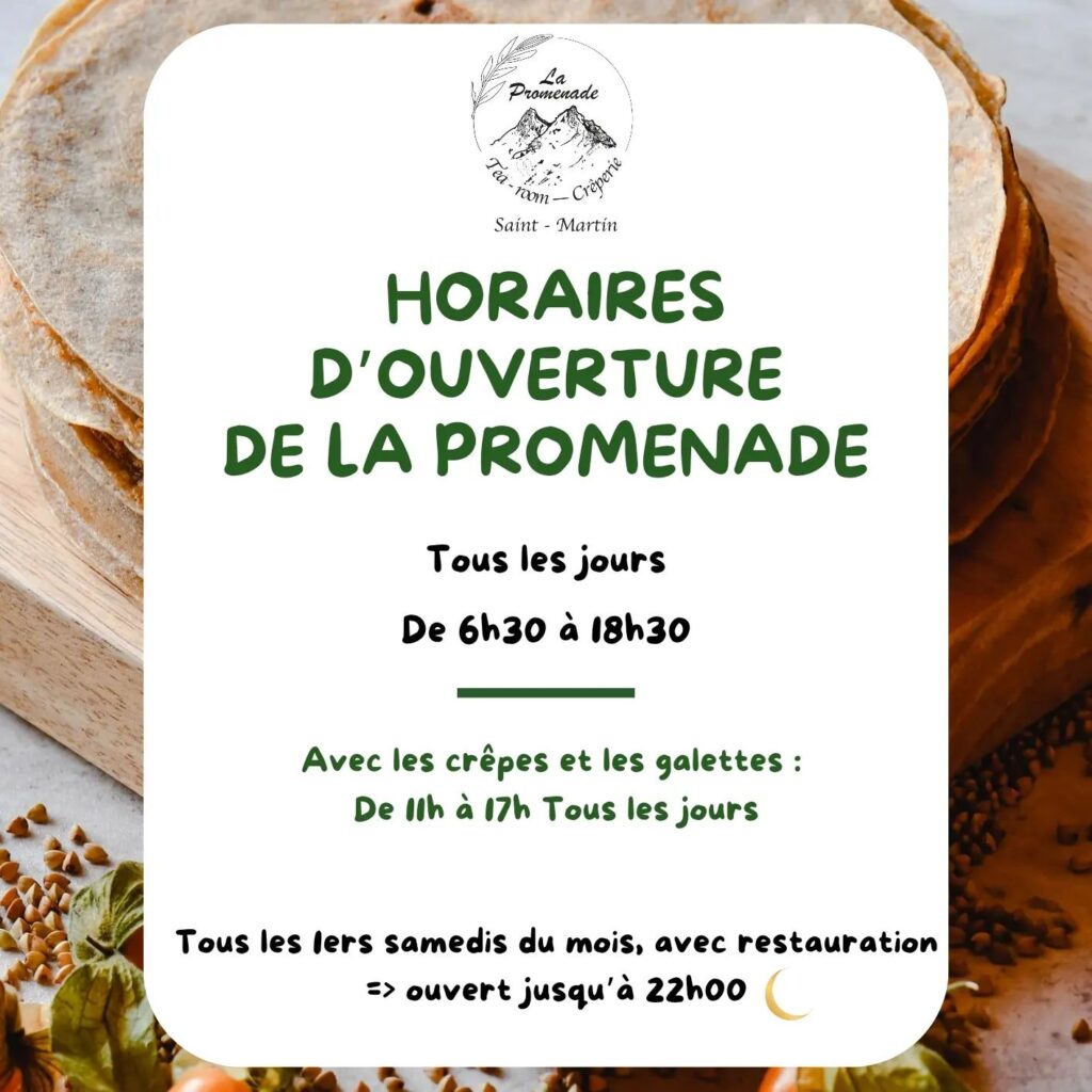 Nouveaux horaires d'ouverture/fermeture de la crêperie La Promenade à Saint-Martin==> nous ouvrons à 6h30 et fermons à 18h30 tous les jours.