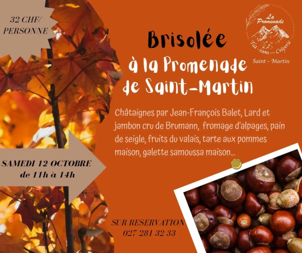 C'est bientôt l'automne 🍂 🌰 Brisolée à la crêperie La Promenade à Saint-Martin. 🍂🌰 Châtaignes cuits par Jean-François Balet, lard et jambon cru de Brumann, fruits du valais, tarte aux pommes maison, galette samoussa de fromage... 🔔 Alors pensez à réserver avant le 10 octobre 😋😋