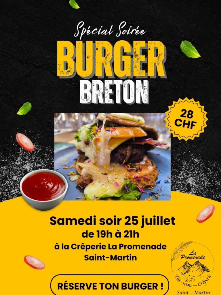 🍔 Réserve ton burger ! 🍔 📅 Samedi 25 juillet soir ⏰ De 19h à 21h 📍 Crêperie La Promenade, Saint-Martin 🥳 Pense à réserver ta table dès maintenant !