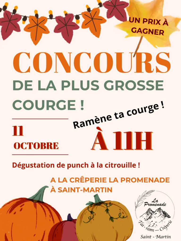 🎁 CONCOURS de la plus grosse courge !! 🎃 ⏰️ À 11h le 11 octobre ⏱️ À la Crêperie La Promenade 📢 Ramène ta courge et peut-être que tu pourras gagner un prix, si c’est la plus grosse ! 🍹Dégustation de punch à la citrouille